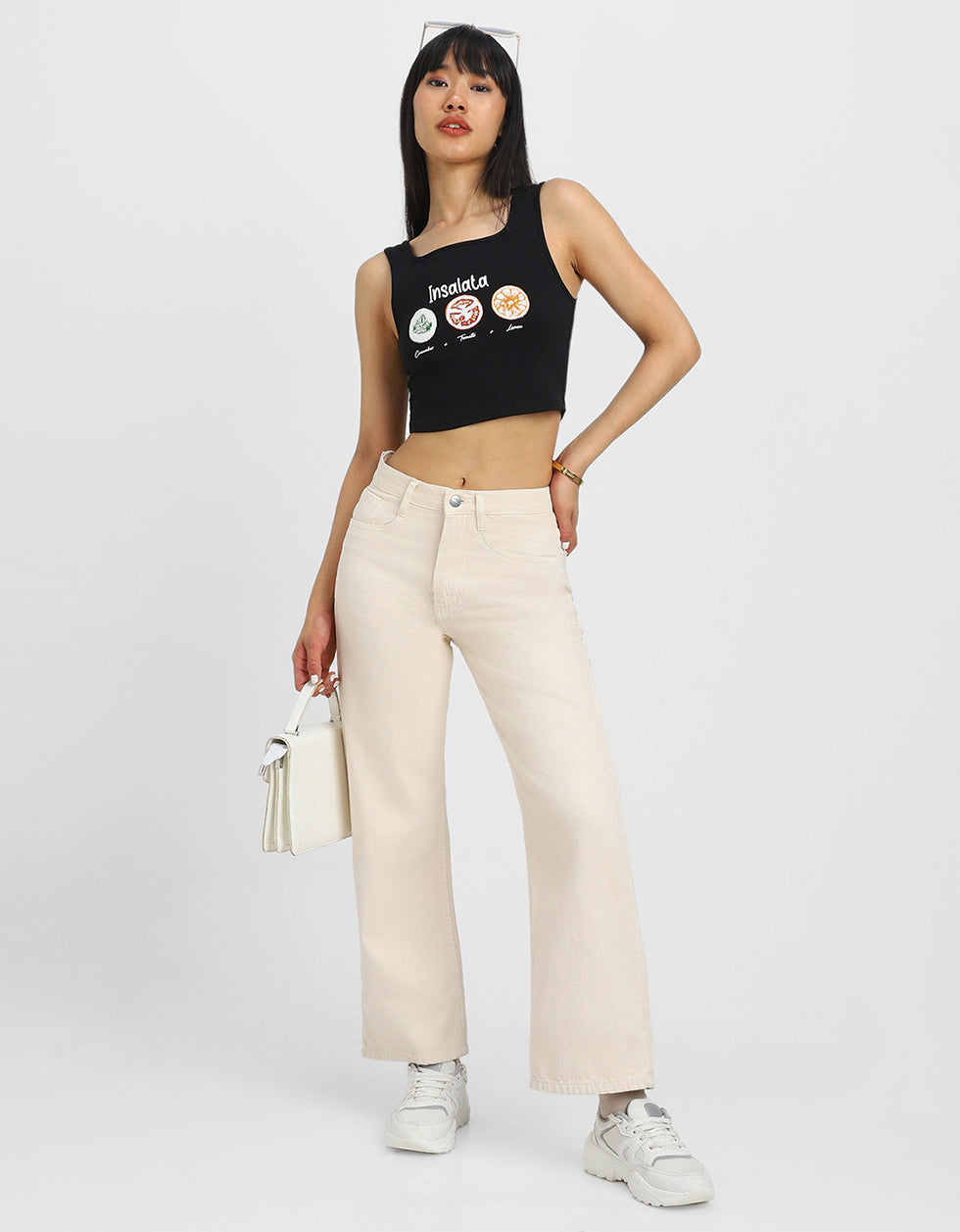 Black Graphic Printed Square Neck Cropped Tank Top