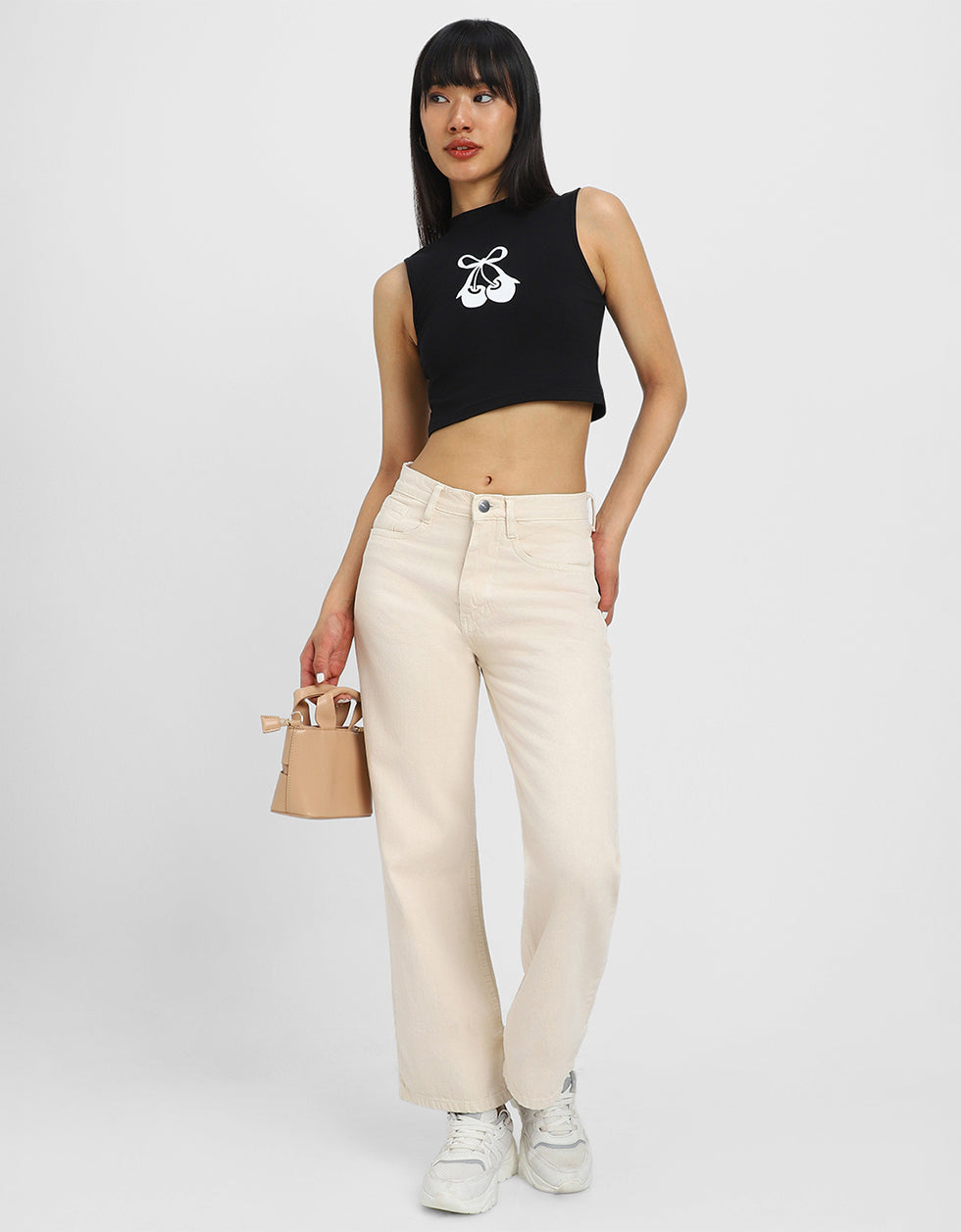 Black Graphic Printed High Neck Cropped Tank Top