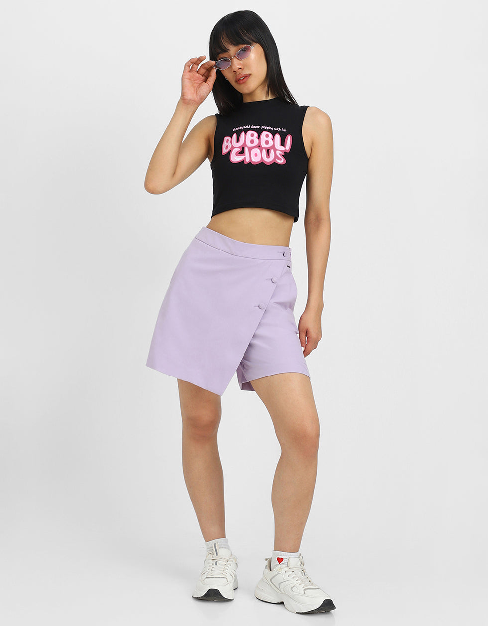 Bubbli Clous Black Graphic Printed High Neck Cropped Tank Top