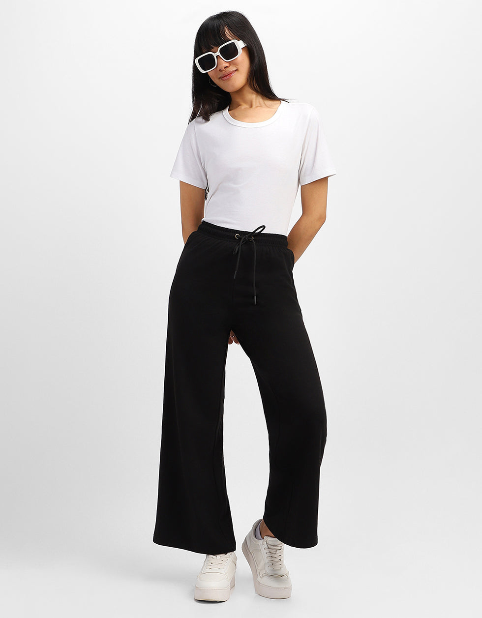 Black Plain Wide Leg Track Pant
