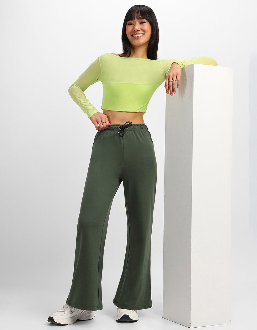 Olive Plain Wide Leg Track pant - Main Image