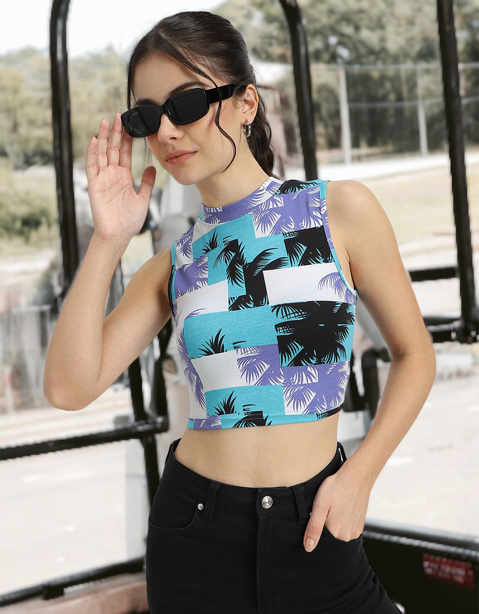 White & Blue Printed High Neck Cropped Tank Top