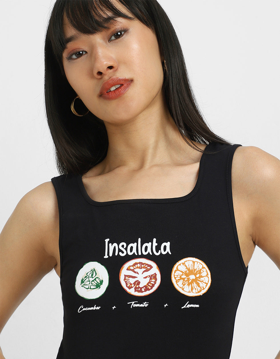 Black Graphic Printed Square Neck Cropped Tank Top