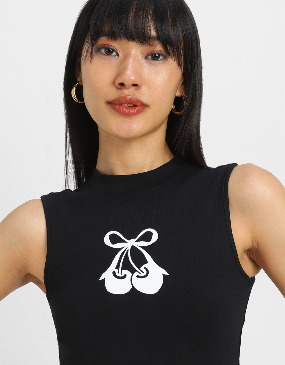 Black Graphic Printed High Neck Cropped Tank Top