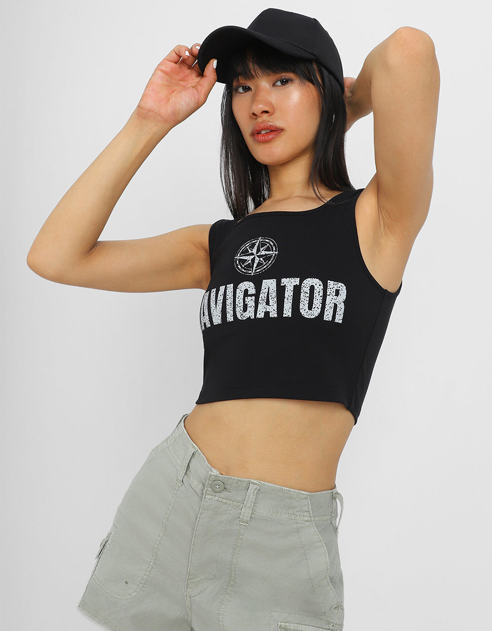 Black Graphic Printed Square Neck Cropped Tank Top