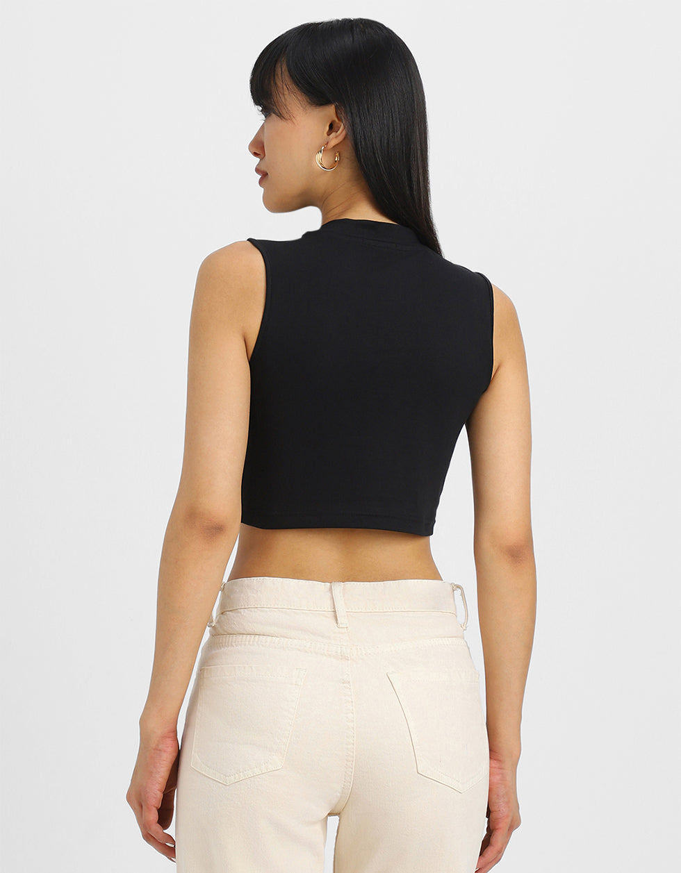 Black Graphic Printed High Neck Cropped Tank Top
