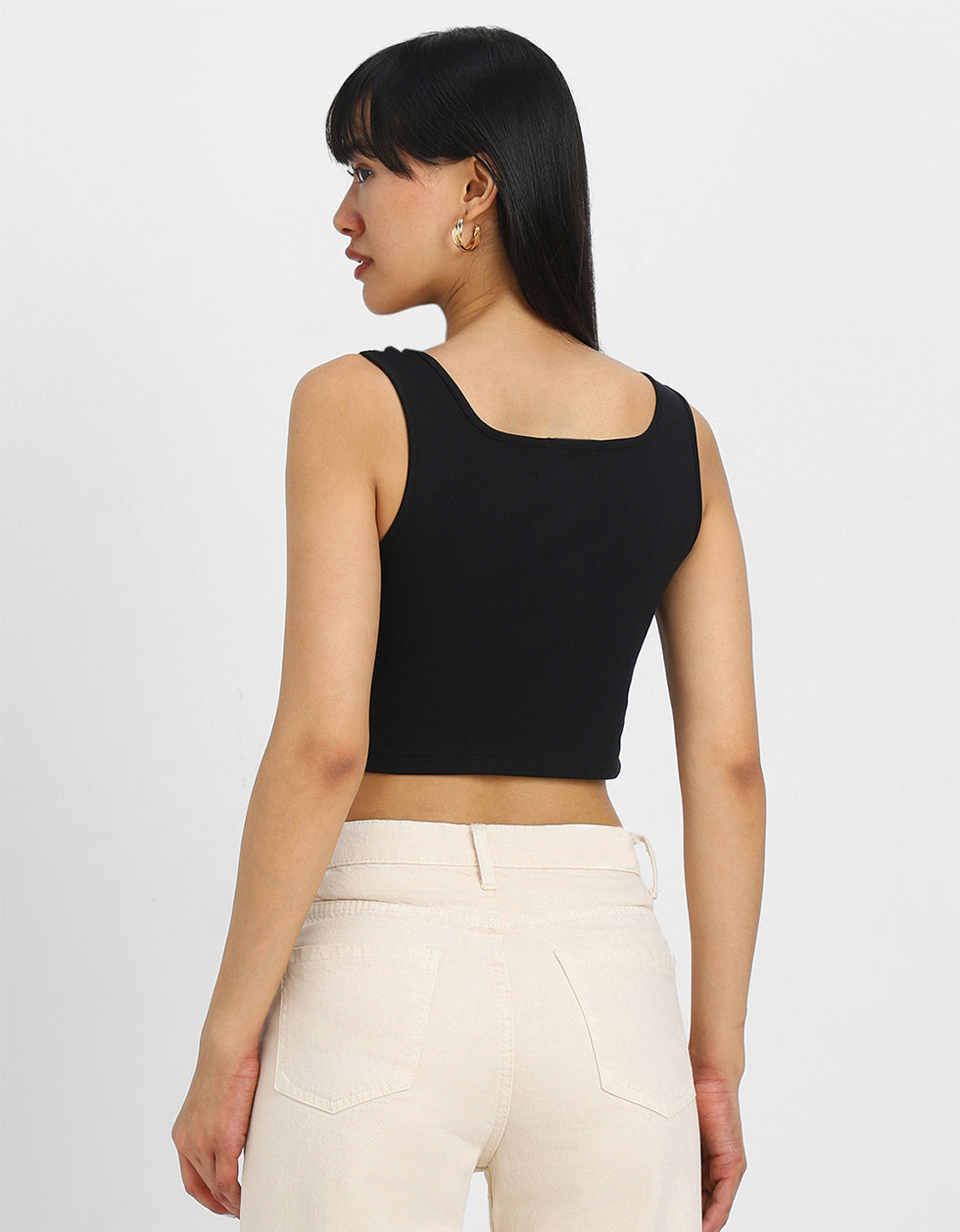Black Graphic Printed Square Neck Cropped Tank Top