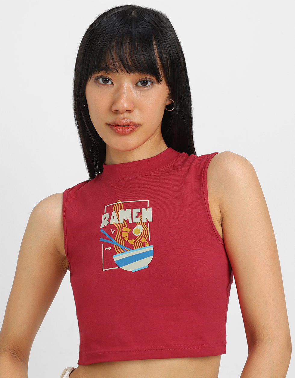 Red Graphic Printed High Neck Cropped Tank Top