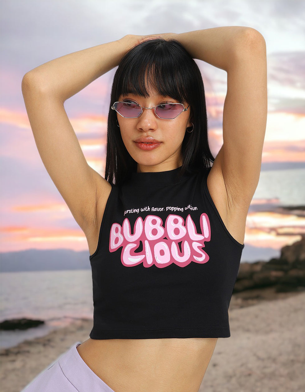 Bubbli Clous Black Graphic Printed High Neck Cropped Tank Top