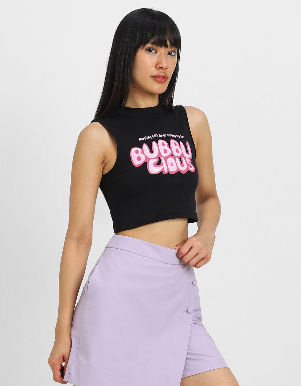 Bubbli Clous Black Graphic Printed High Neck Cropped Tank Top