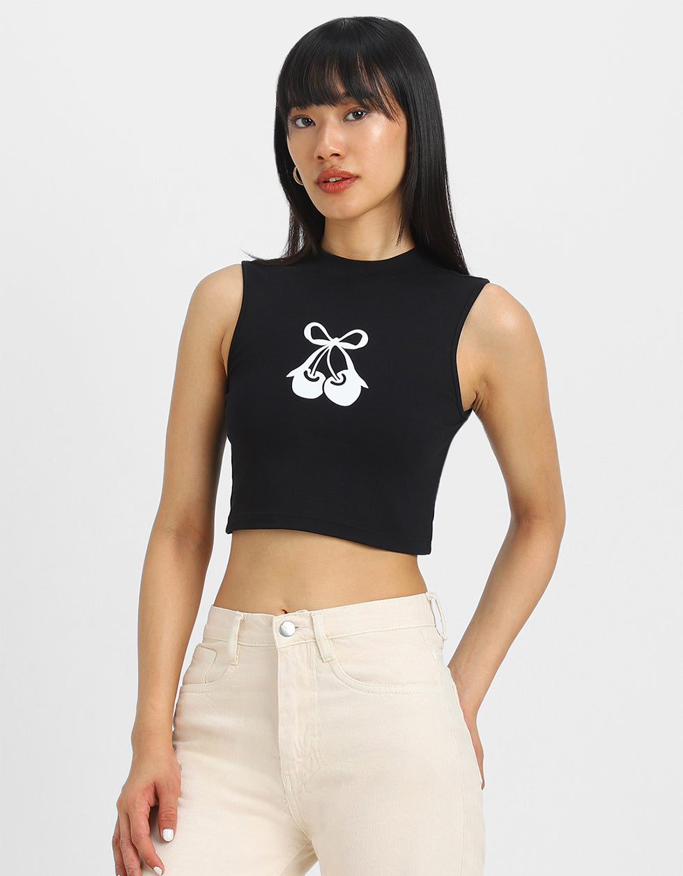 Black Graphic Printed High Neck Cropped Tank Top