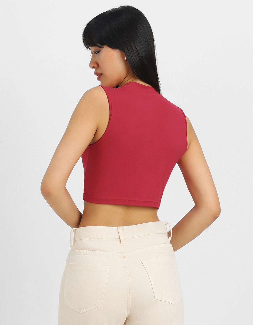 Red Graphic Printed High Neck Cropped Tank Top