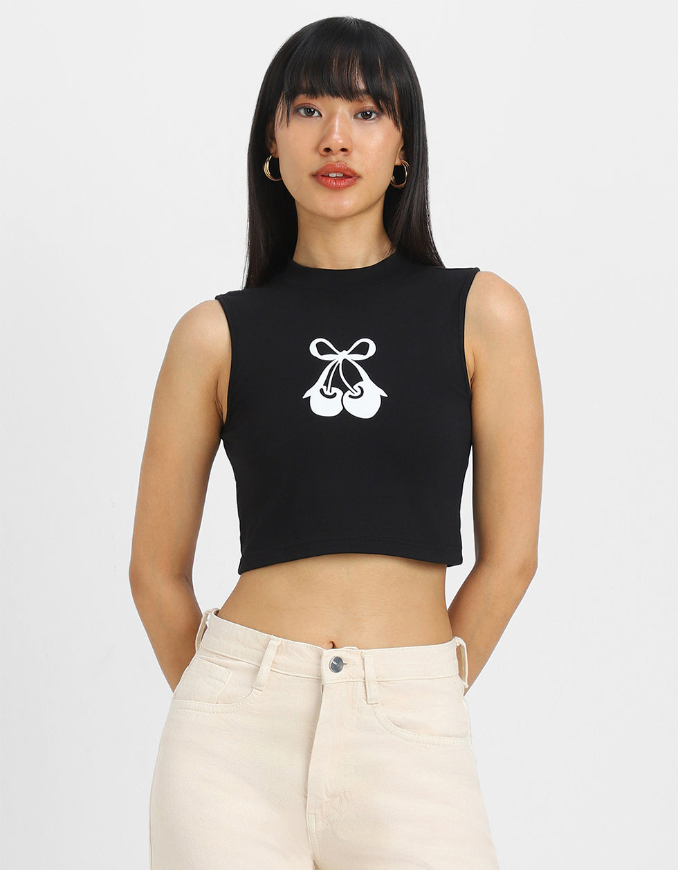 Black Graphic Printed High Neck Cropped Tank Top