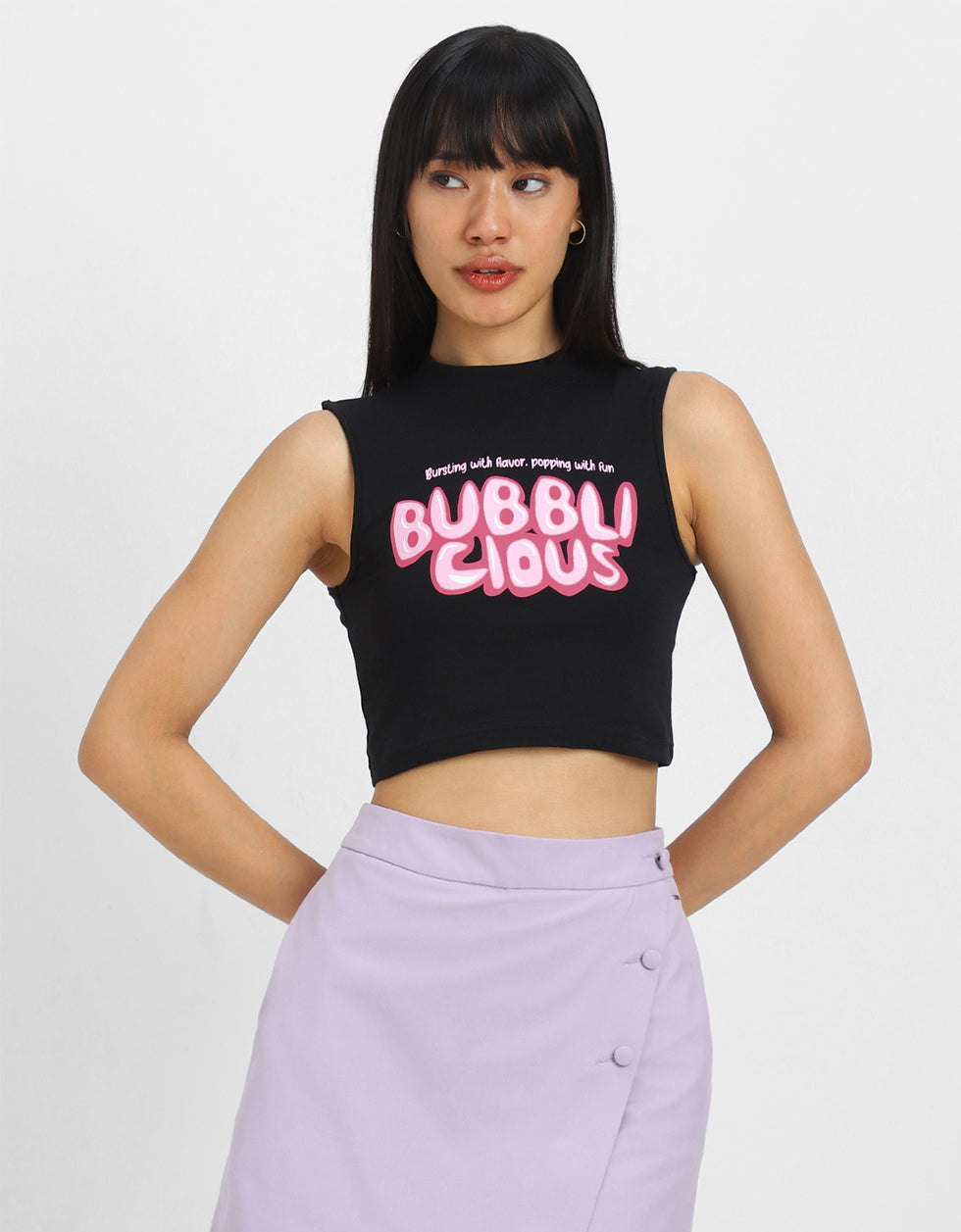Bubbli Clous Black Graphic Printed High Neck Cropped Tank Top