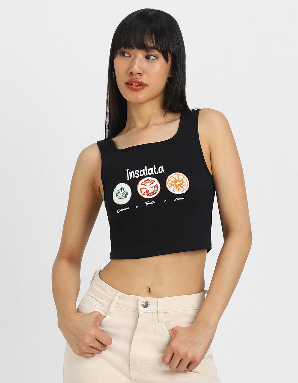Black Graphic Printed Square Neck Cropped Tank Top