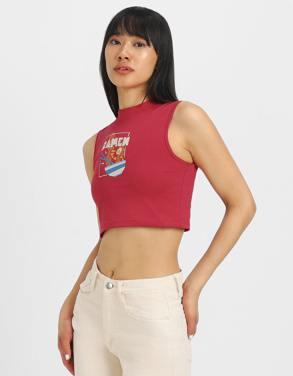 Red Graphic Printed High Neck Cropped Tank Top