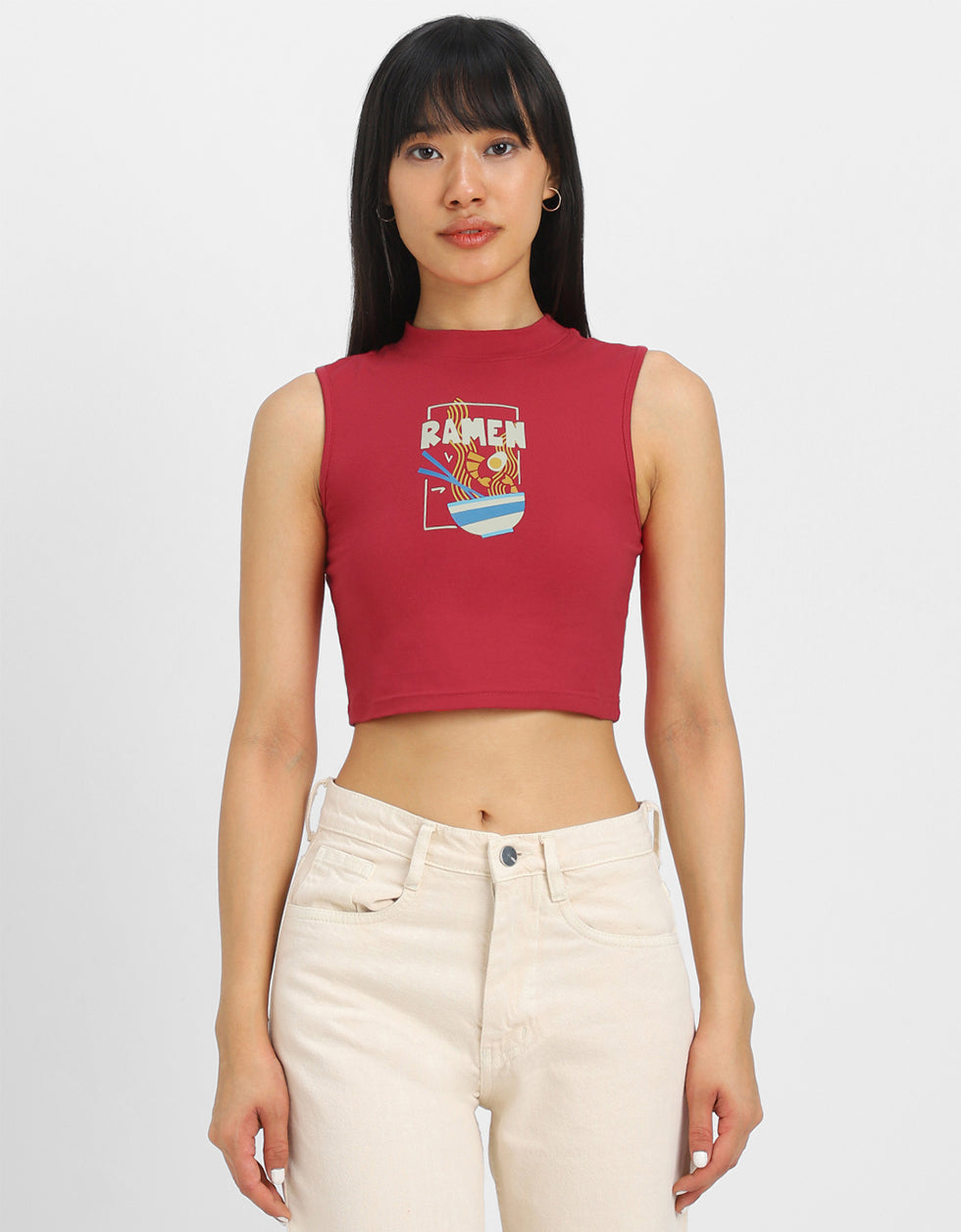 Red Graphic Printed High Neck Cropped Tank Top