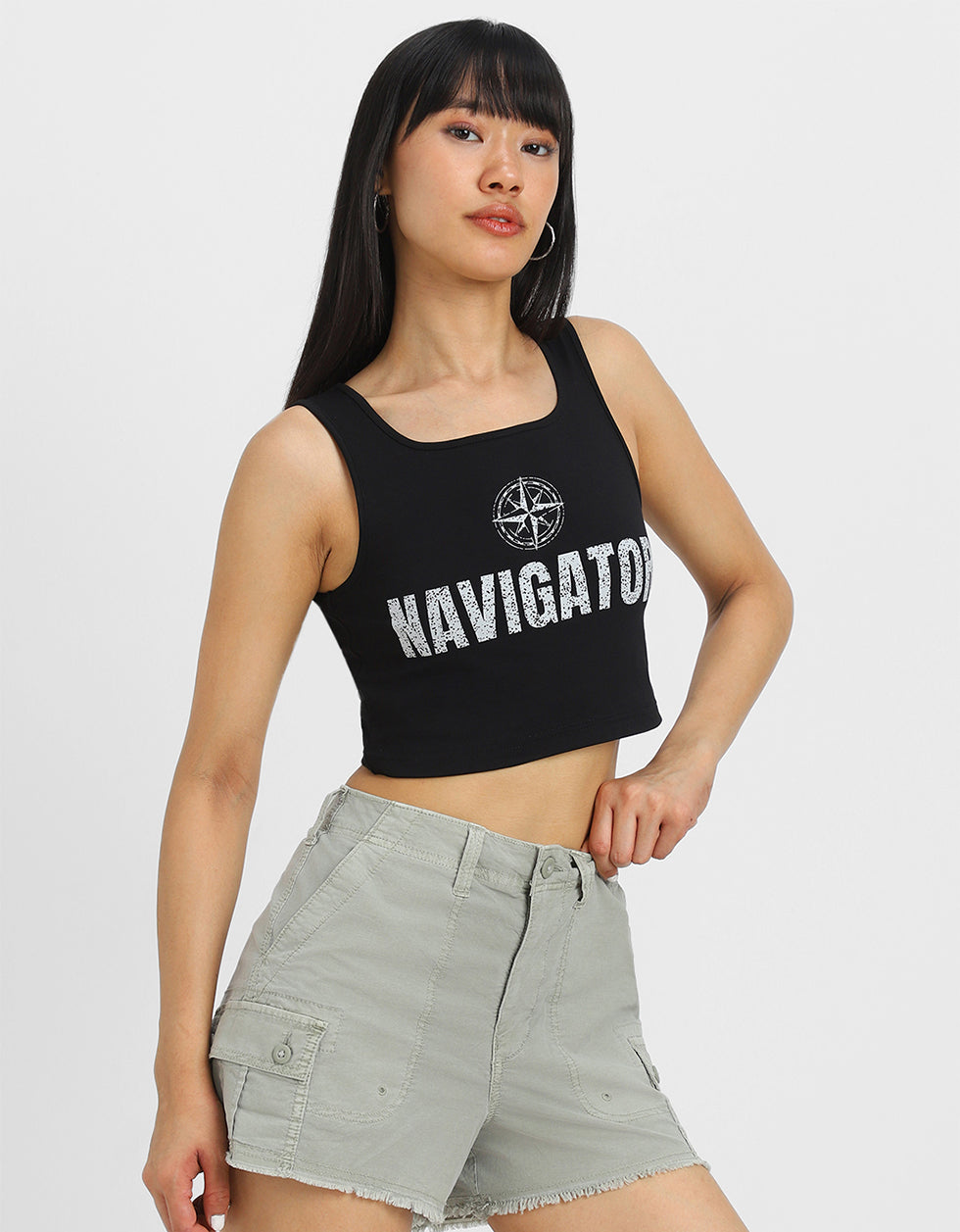 Black Graphic Printed Square Neck Cropped Tank Top