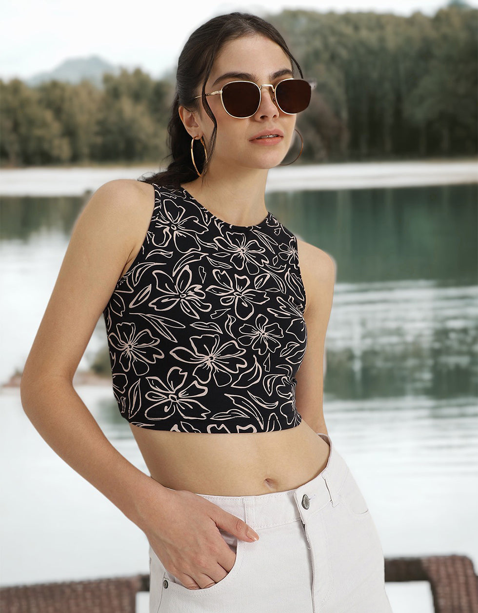 Black Printed High Neck Cropped Tank Top