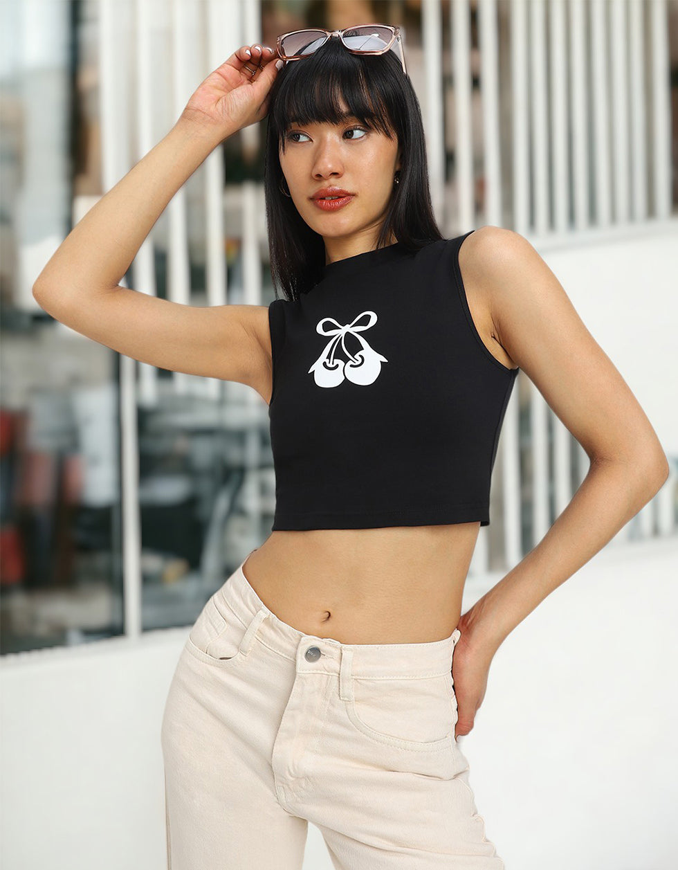 Black Graphic Printed High Neck Cropped Tank Top