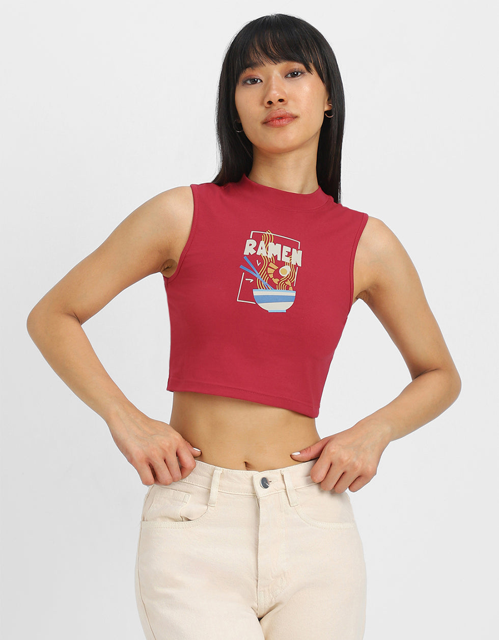 Red Graphic Printed High Neck Cropped Tank Top