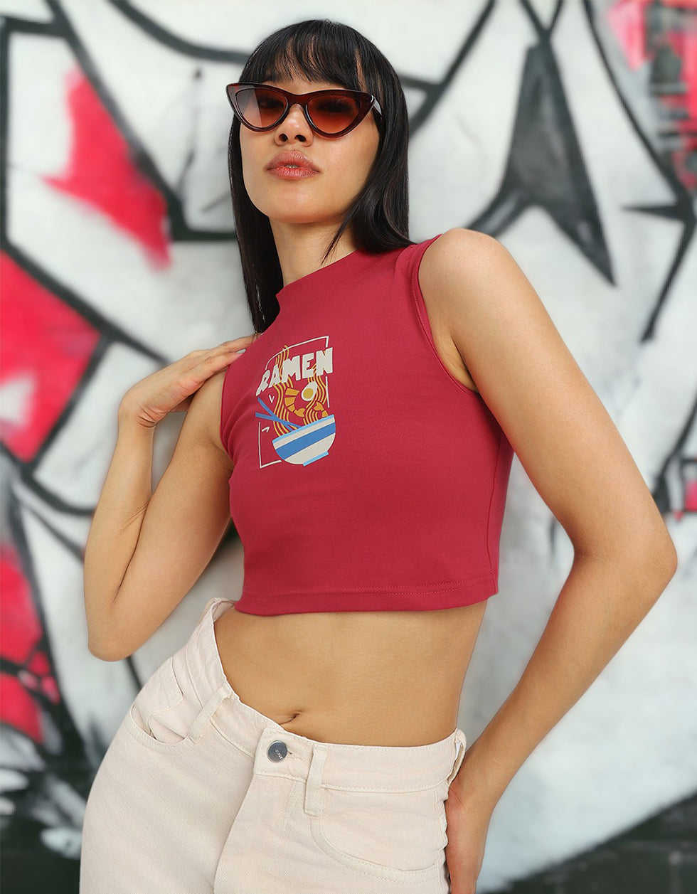 Red Graphic Printed High Neck Cropped Tank Top