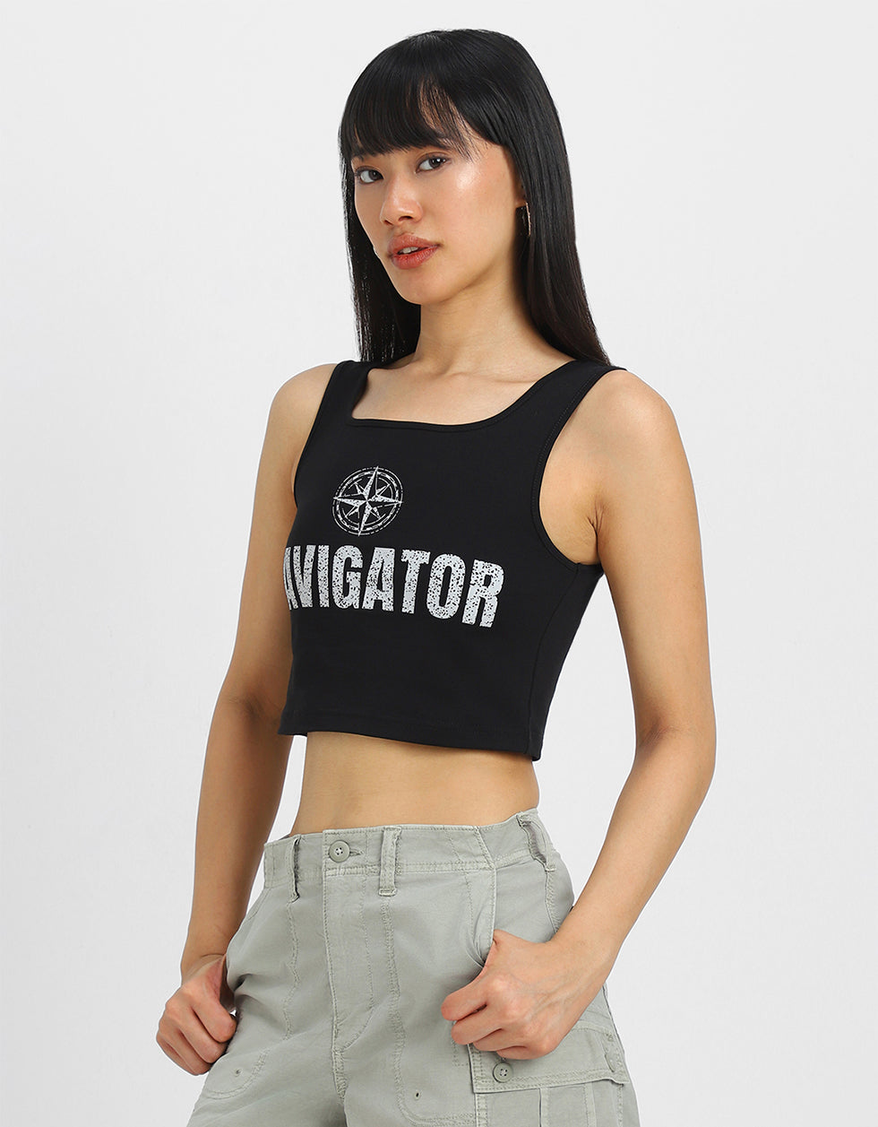 Black Graphic Printed Square Neck Cropped Tank Top