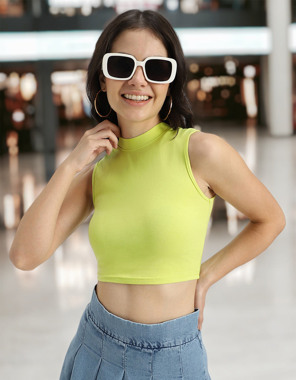 Lime Green Plain High Neck Cropped Tank Top