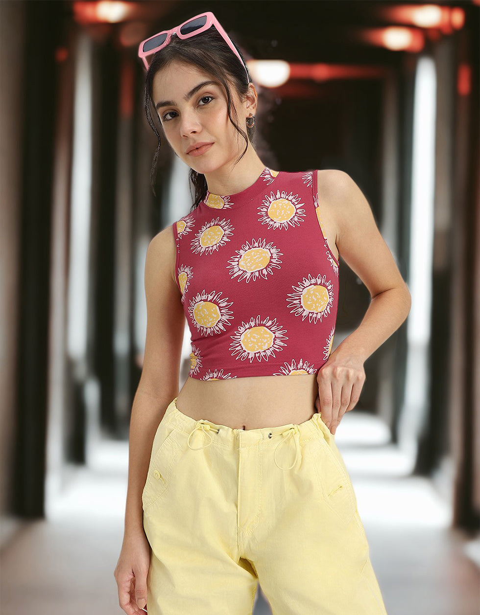 Viva Magenta Floral Printed High Neck Cropped Tank Top
