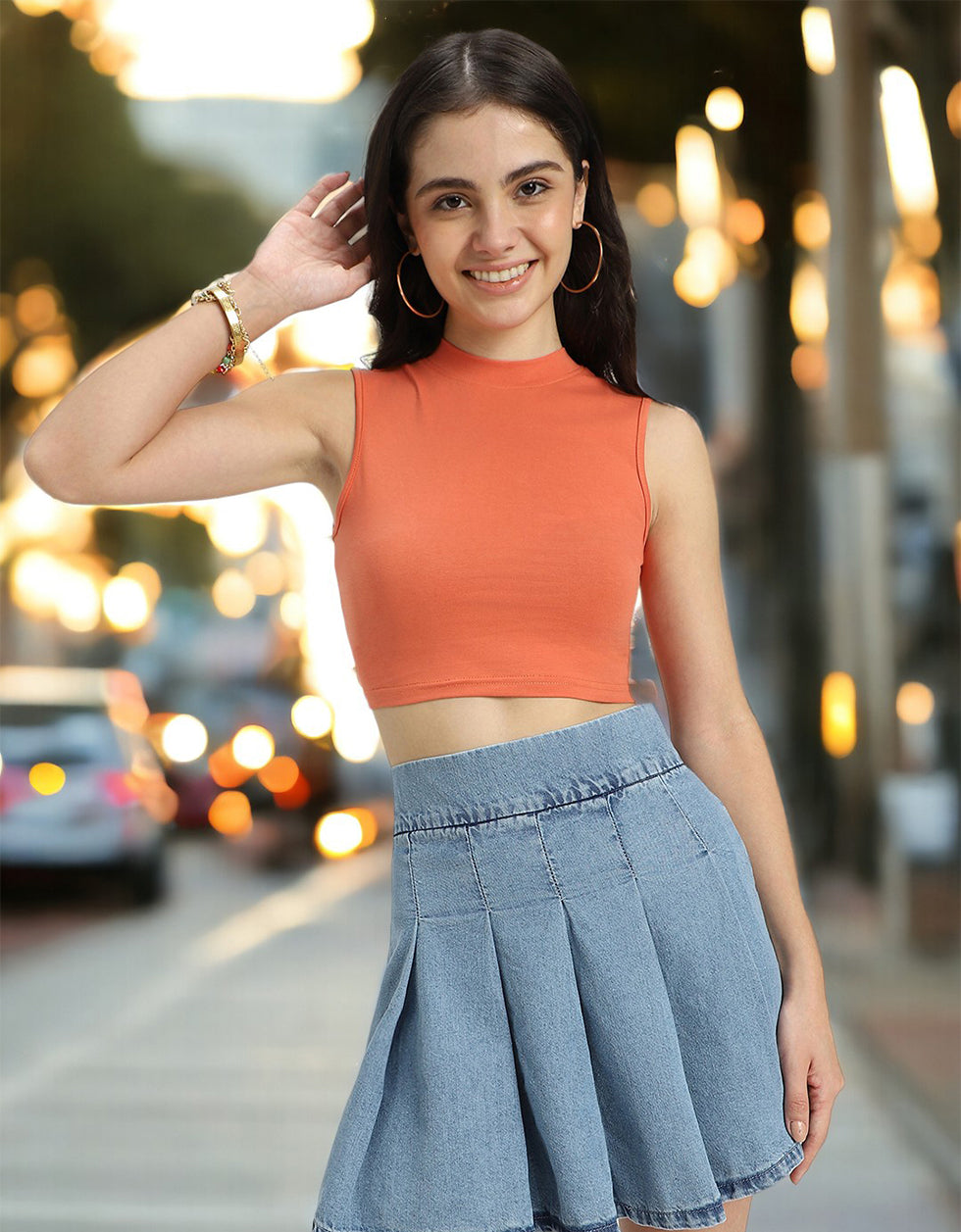 Orange Plain High Neck Cropped Tank Top