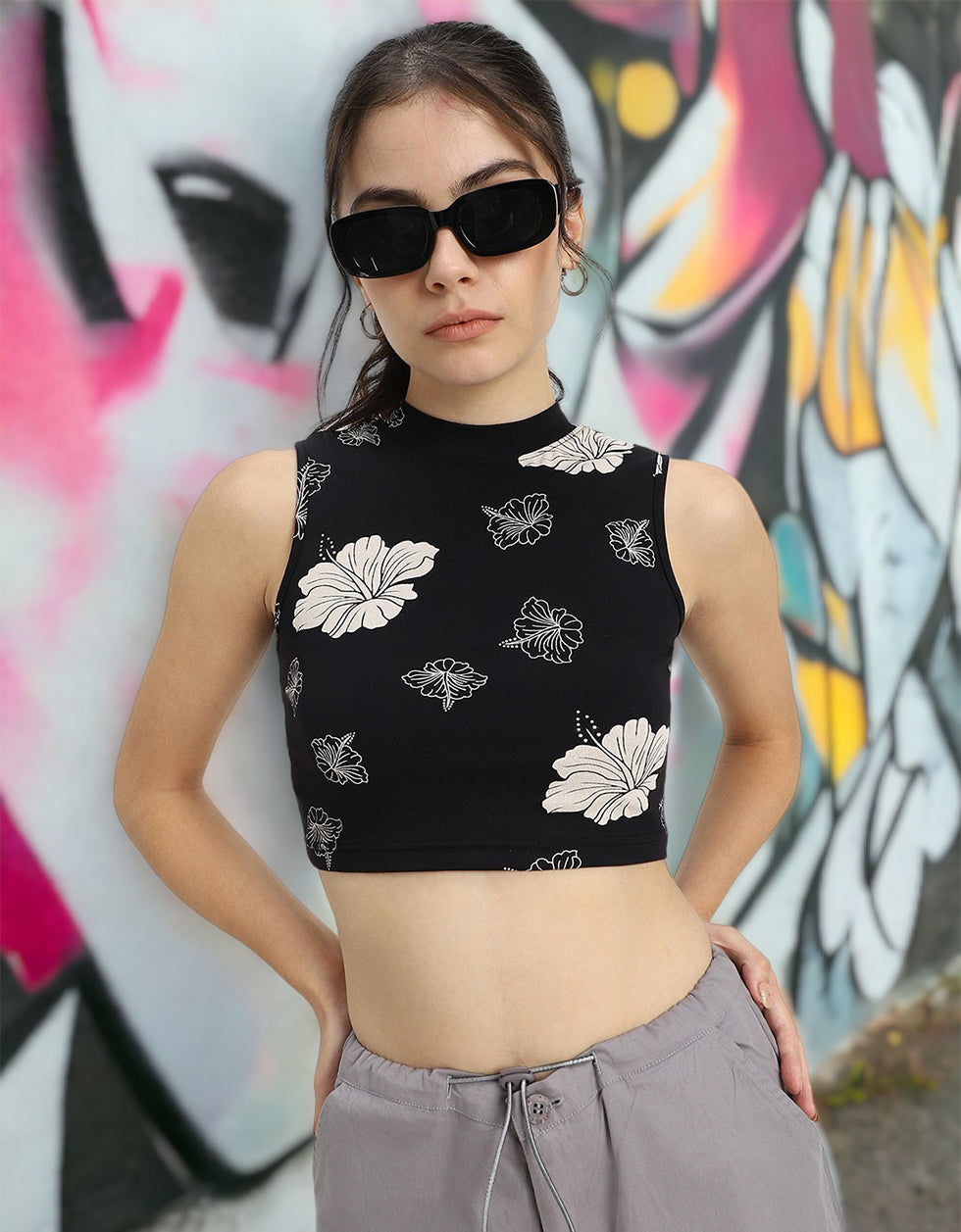 White Floral Printed Black High Neck Cropped Tank Top