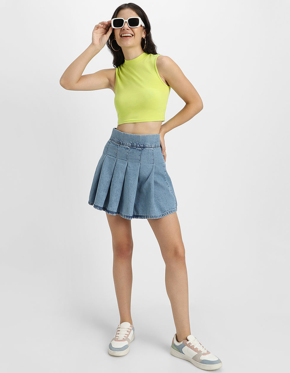 Lime Green Plain High Neck Cropped Tank Top