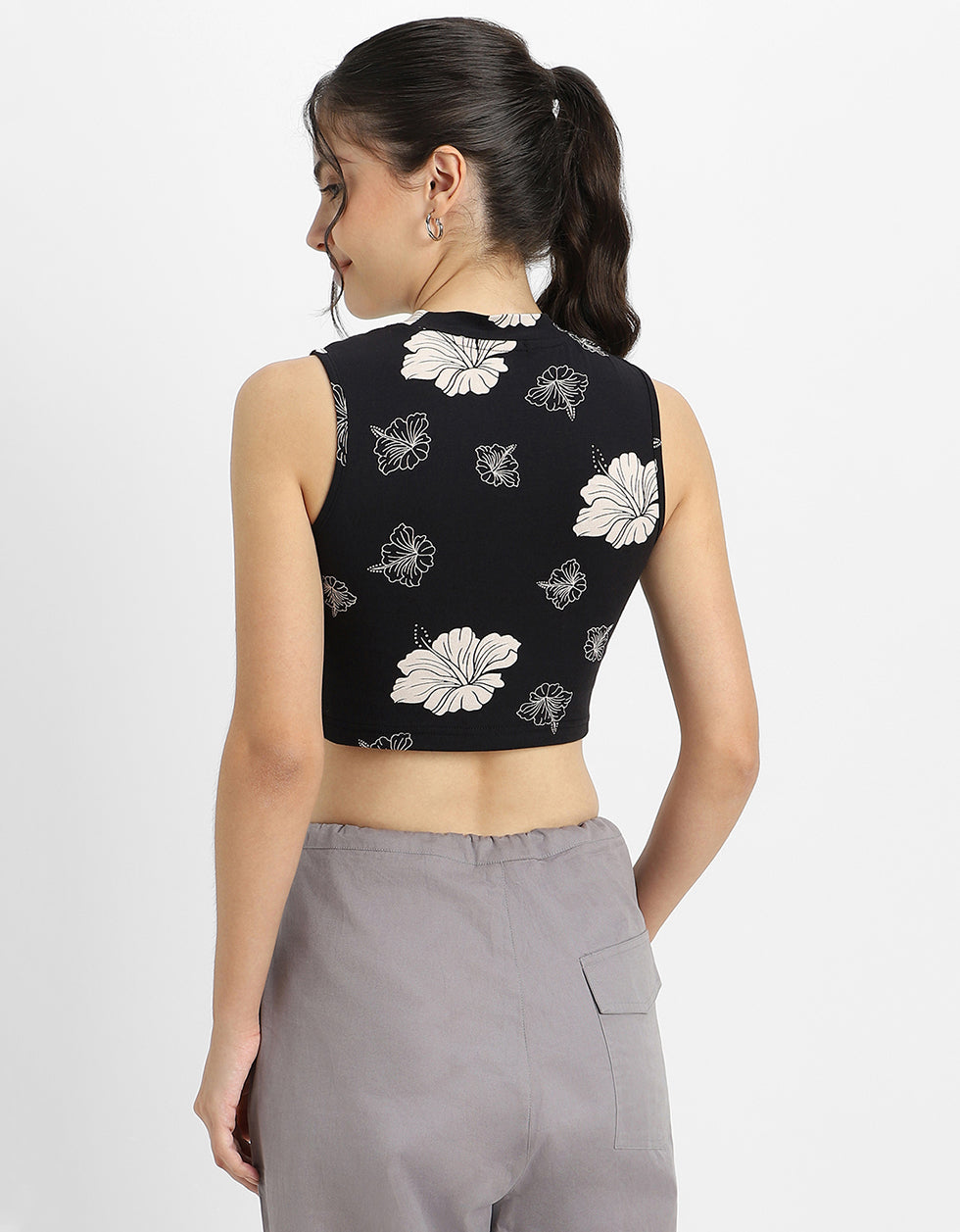 White Floral Printed Black High Neck Cropped Tank Top