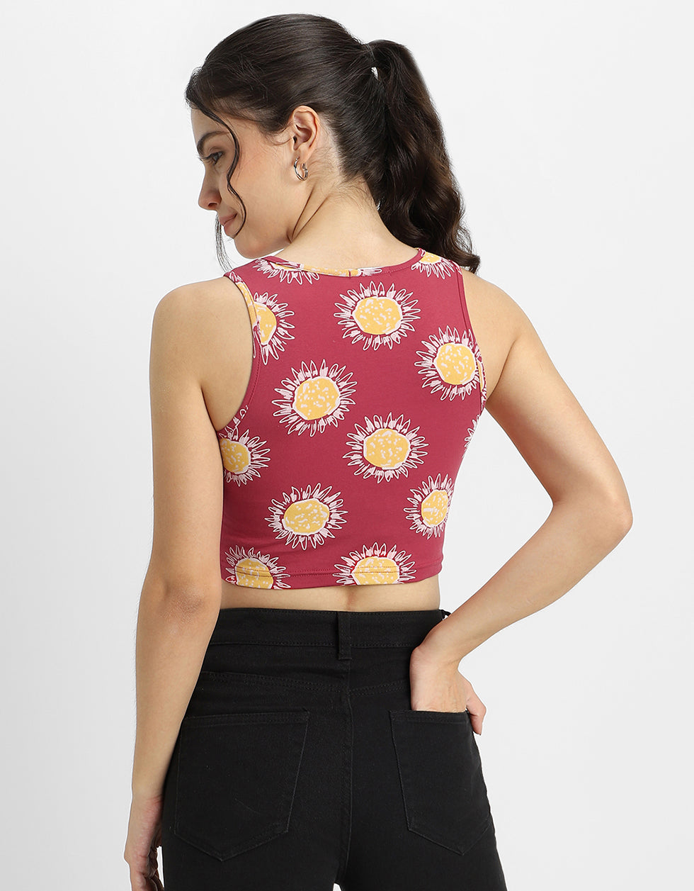 Magenta Printed Round Neck Cropped Tank Top