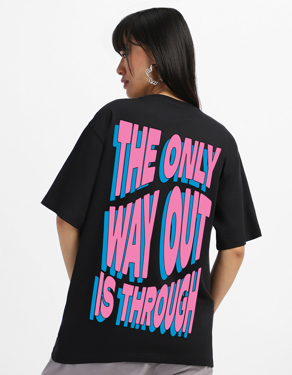 The Only Way Out Typographic Printed Oversized Fit Black T-Shirt