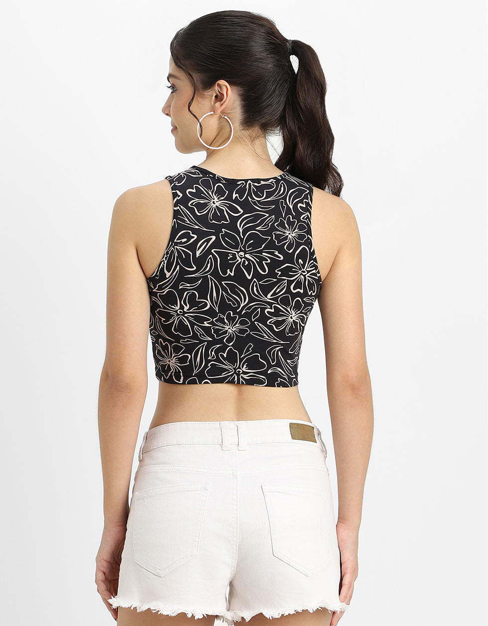 Black Printed High Neck Cropped Tank Top
