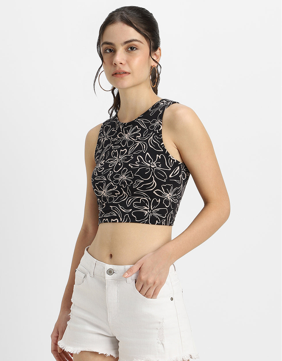 Black Printed High Neck Cropped Tank Top