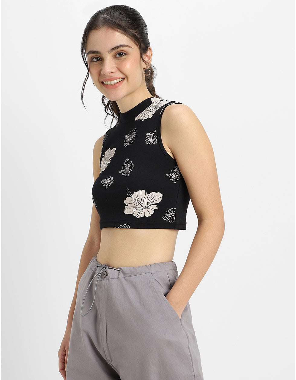 White Floral Printed Black High Neck Cropped Tank Top