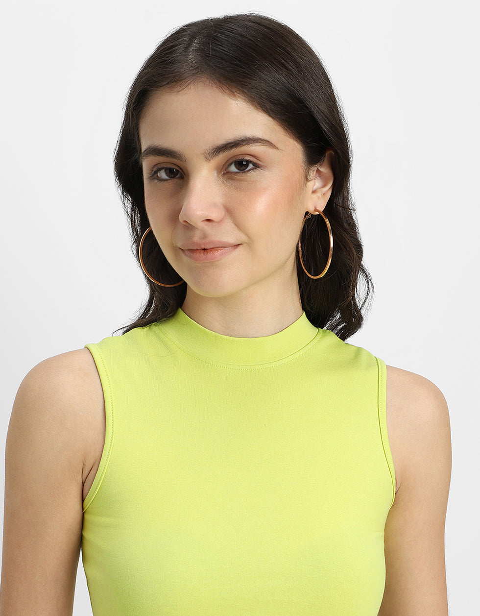 Lime Green Plain High Neck Cropped Tank Top