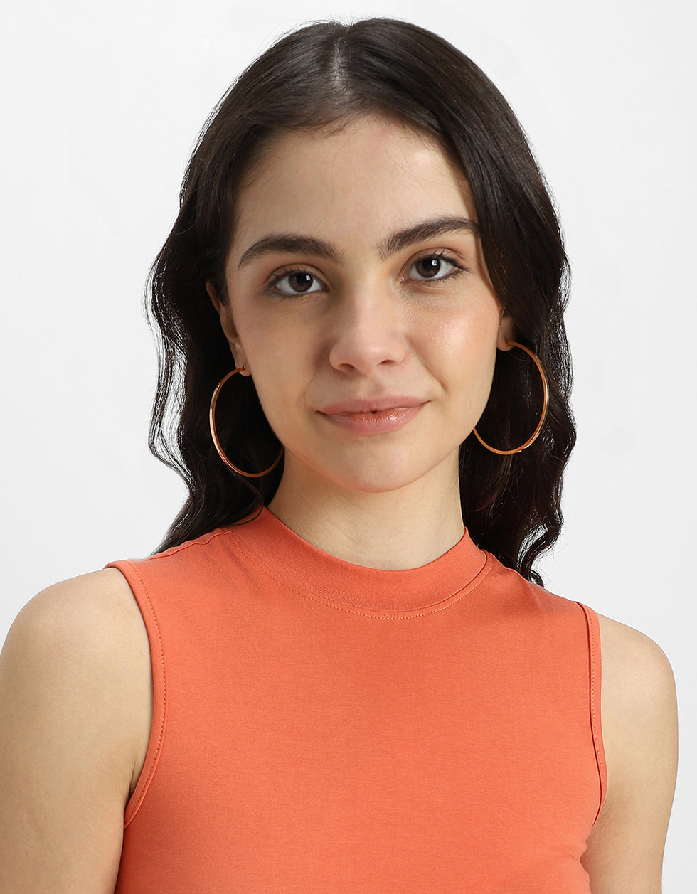 Orange Plain High Neck Cropped Tank Top