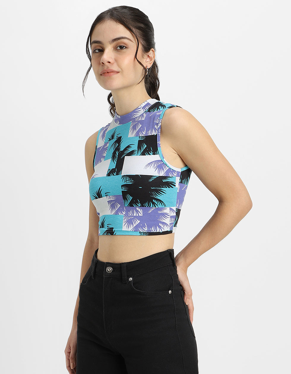 White & Blue Printed High Neck Cropped Tank Top