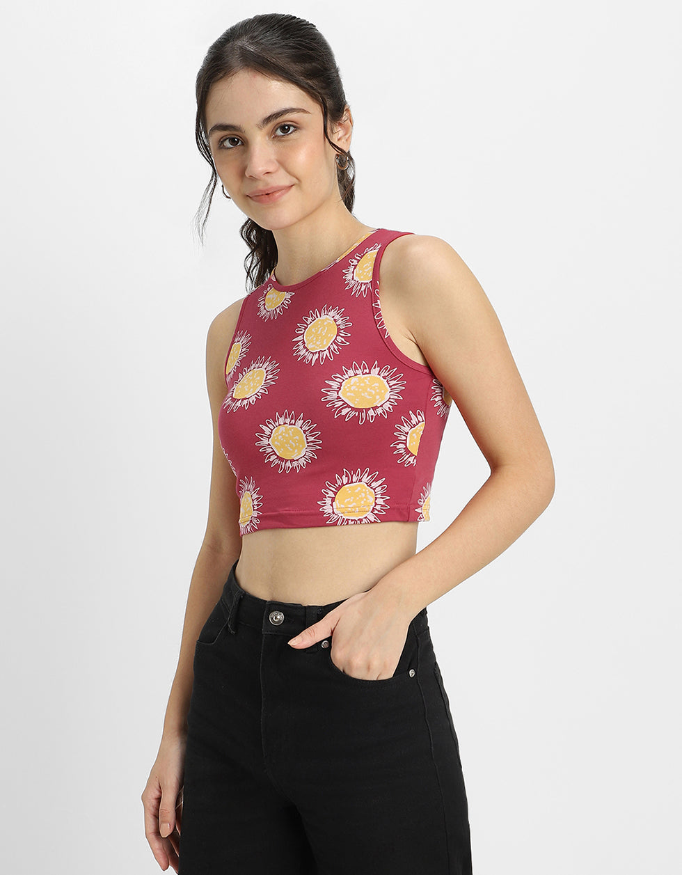 Magenta Printed Round Neck Cropped Tank Top