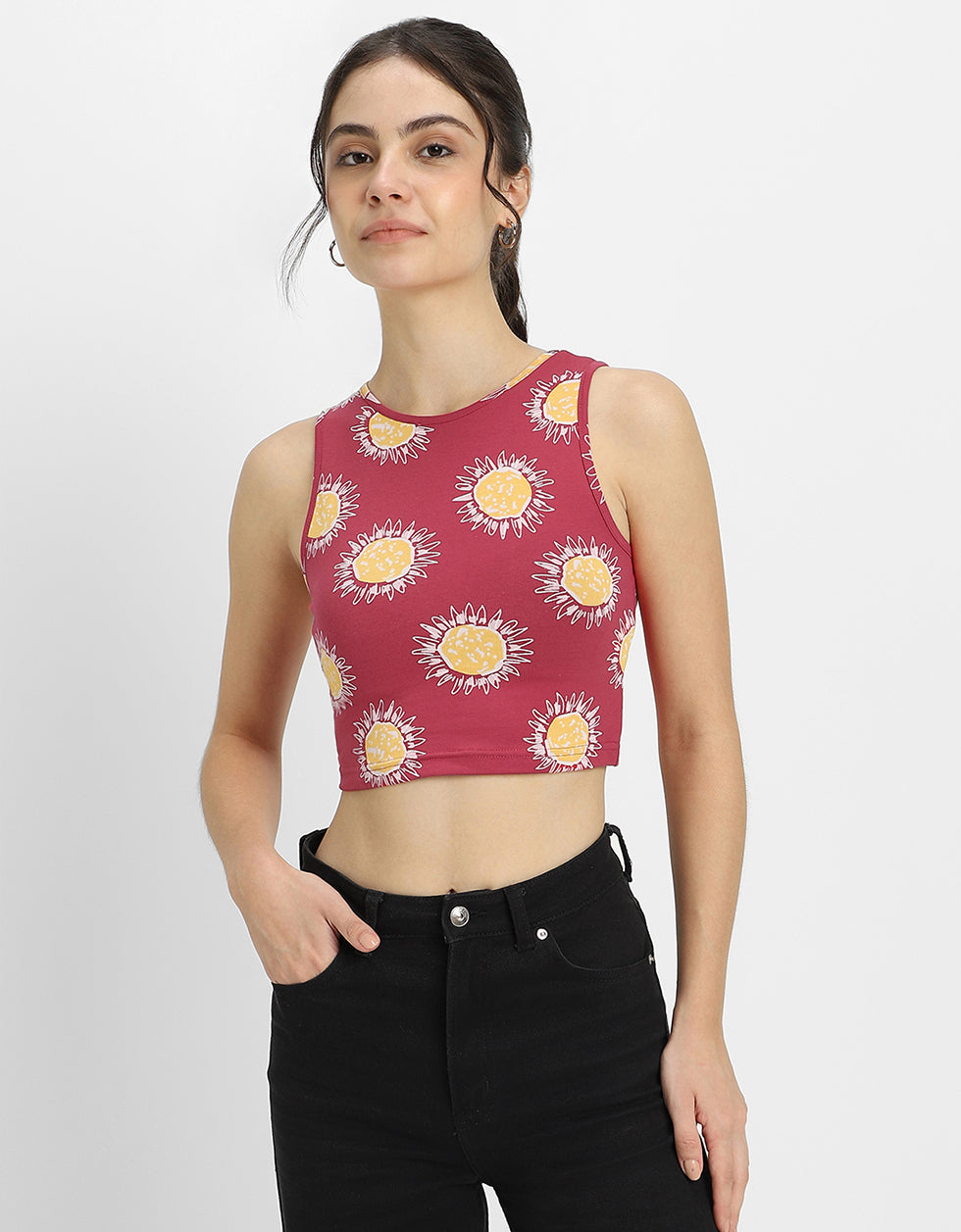 Magenta Printed Round Neck Cropped Tank Top