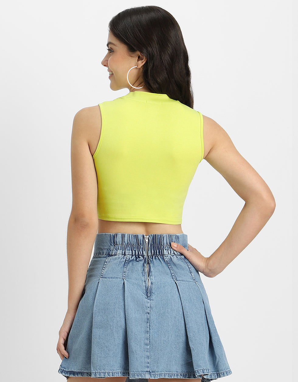 Lime Green Plain High Neck Cropped Tank Top