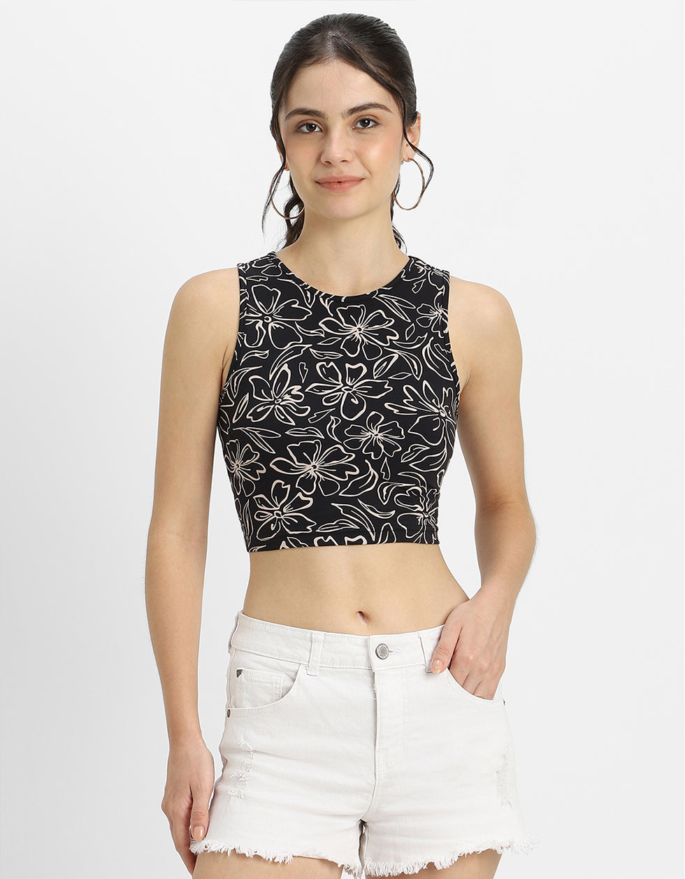 Black Printed High Neck Cropped Tank Top