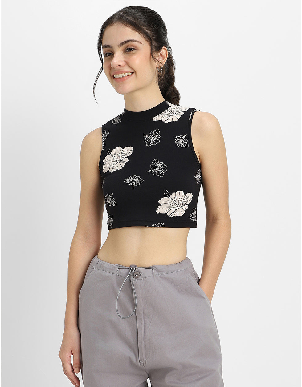 White Floral Printed Black High Neck Cropped Tank Top