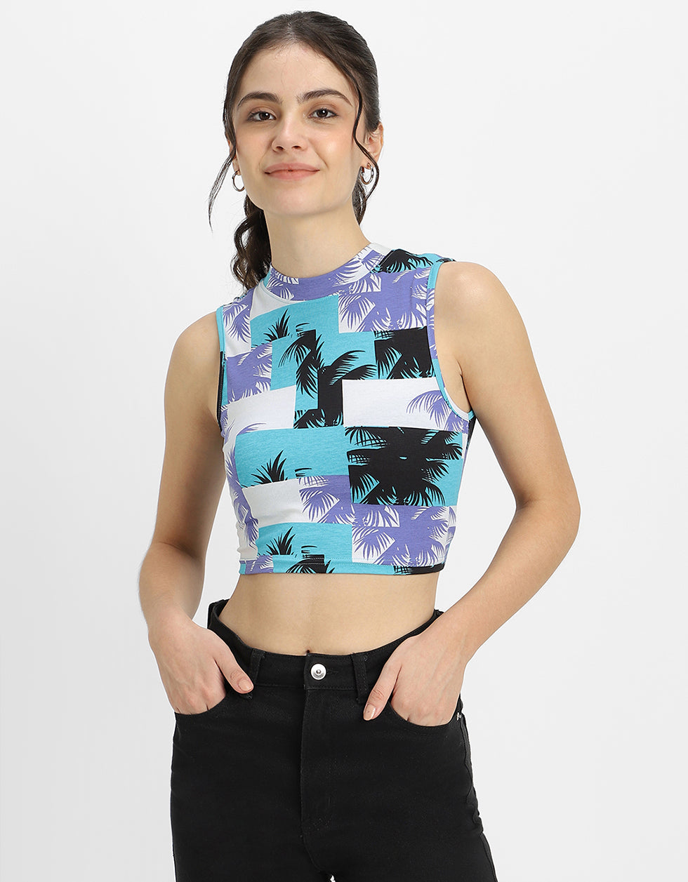 White & Blue Printed High Neck Cropped Tank Top