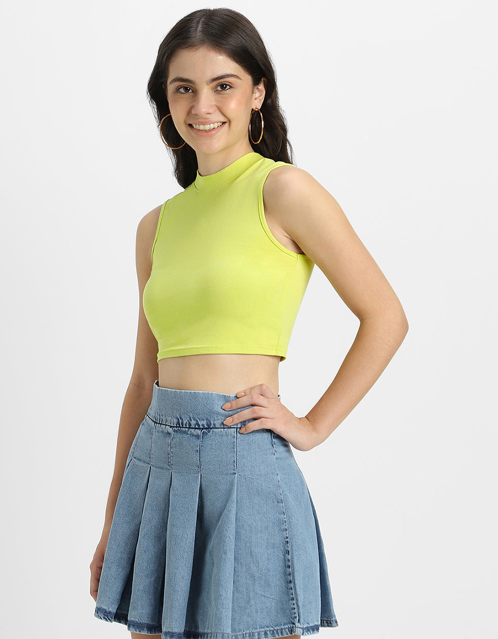 Lime Green Plain High Neck Cropped Tank Top