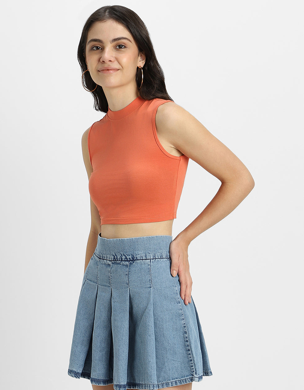 Orange Plain High Neck Cropped Tank Top