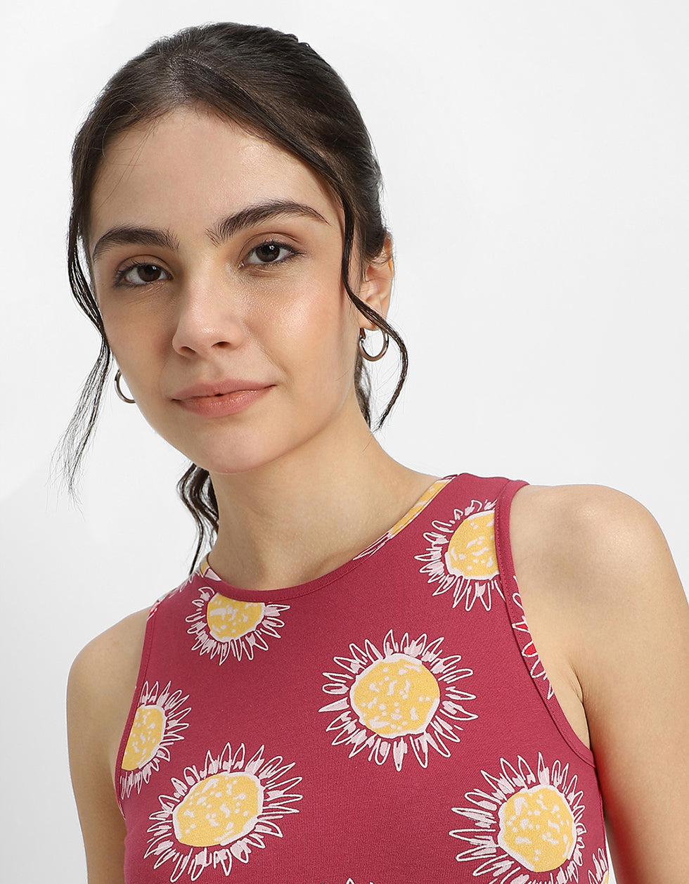 Magenta Printed Round Neck Cropped Tank Top
